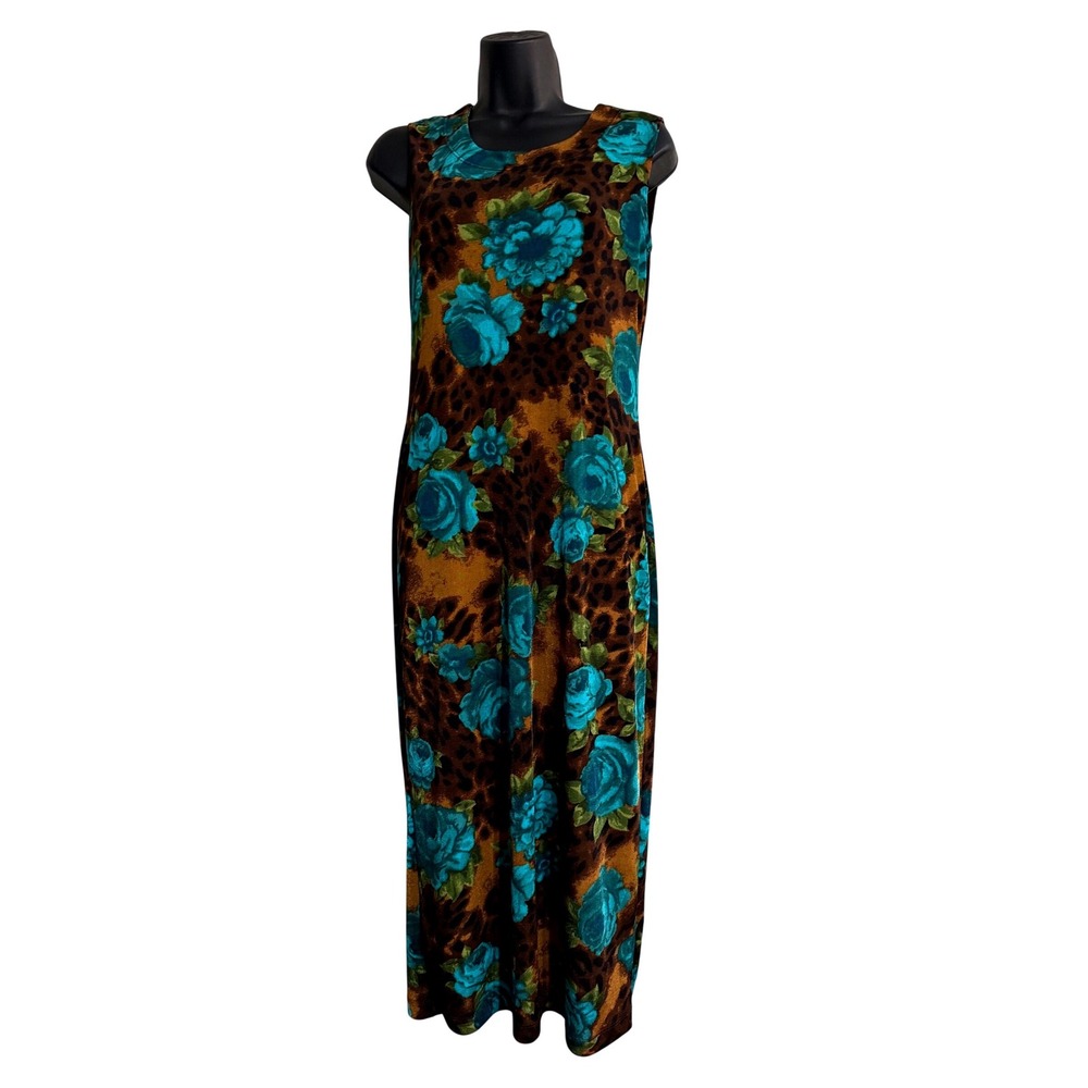 White Stag Womens Teal Floral Leopard Print Sleeveless Maxi Dress Brown Sz S‎